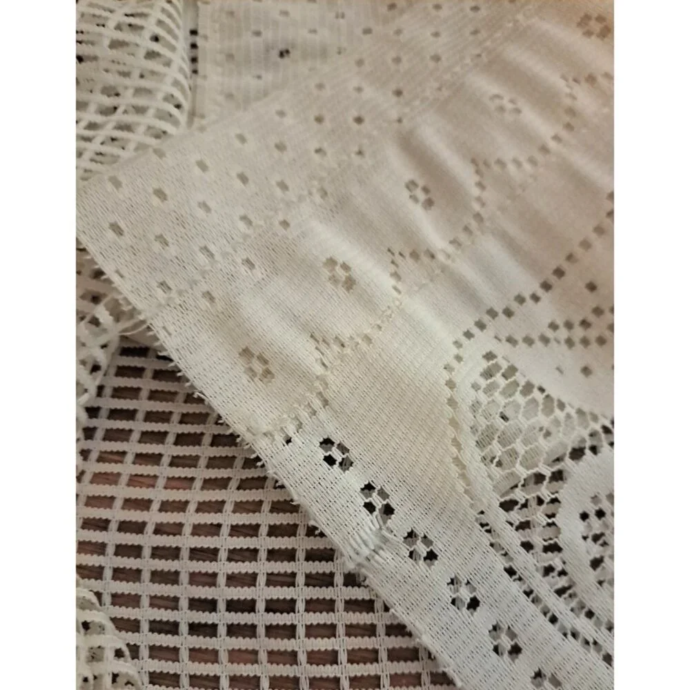 Vintage Knit Lace Curtains Ivory Cabbage Rose 2 PC Cottagecore Farmhouse 66x26
